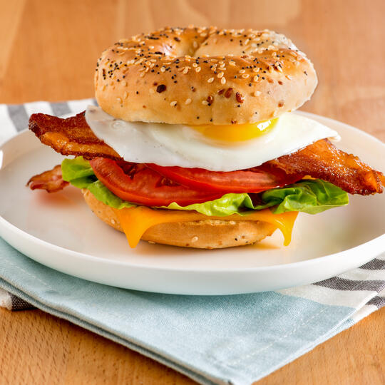 Everything Bagel with Bacon, Egg and Cheese Breakfast Sandwich