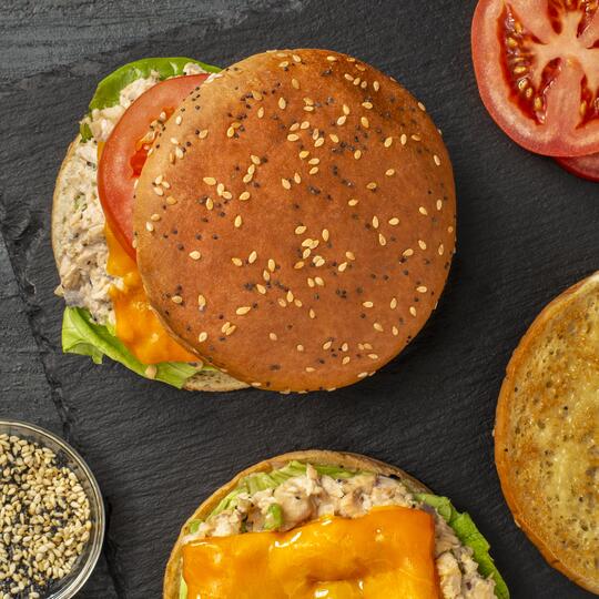 Quick Salmon Salad Melt on an Everything Bun