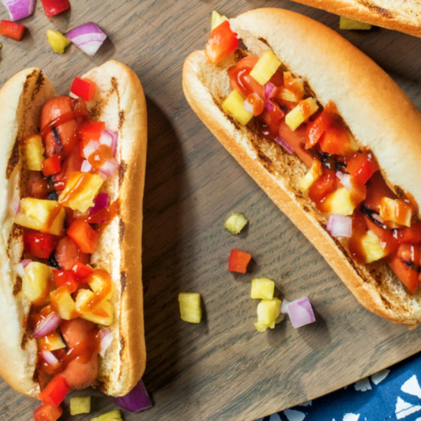 hot dogs  laid out on a table