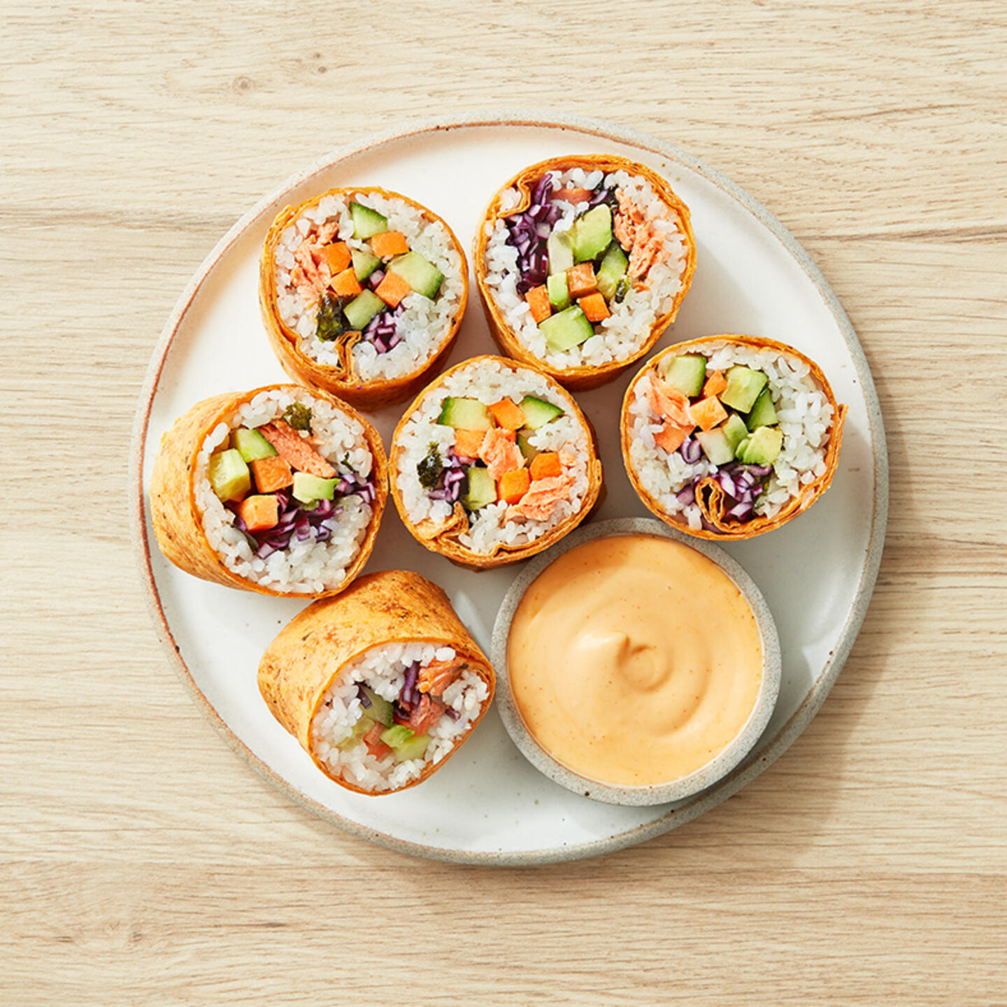 Salmon Sushi Roll with Spicy Soy Mayo Sauce